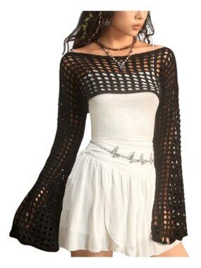 Y2K Crochet Knit Shrug Bolero Women Hollow Out Long Sleeve Boat Neck Crop Top